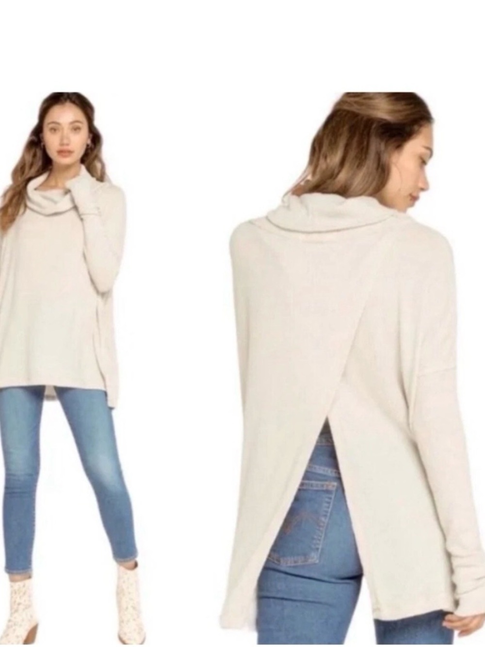 Free People Open-Back Cowl Neck Waffle Sweater - Cream🤍Medium